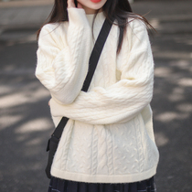 Ye white retro Japanese semi-high collar twist twist sweater female winter thick loose lazy pullover sweater