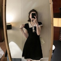 Lily Most summer French short-sleeved small black dress 2021 new knitted POLO collar dress slim waist
