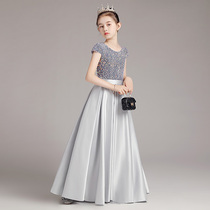 Female Great Boy Piano Gown Grey sequin Long Dress Out of Princess Skirt Children Host Walking Show Costume Spring