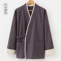 Chinese style autumn linen costume mens long sleeves improved Hanfu leisure Zen clothes large size literary mens clothing