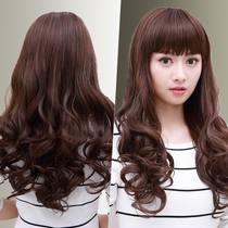 Wig female long hair Long curly hair Big waves Qi bangs fluffy wig set natural net red whole top full headgear Medium and long