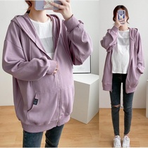 Spring and autumn suit large size maternity dress casual long hooded sweater pregnancy coat foreign cardigan jacket