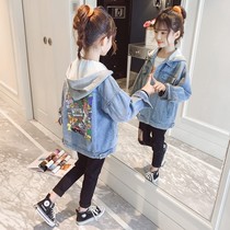 Hong Kong girls denim jacket 2021 new spring and autumn fashion cartoon foreign style single-breasted coat Korean version of the tide childrens clothing