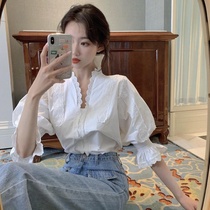 2021 spring and summer new casual student Korean slim slim shirt Lace top lantern sleeve cardigan women