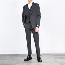 Striped suit suit mens three-piece suit double-breasted slim Korean version of the young wedding groom mens business suit