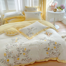 Washed cotton pure cotton four pieces of cover 100 All cotton Summer lemon yellow field Garden Girl Hearts Bed bed bedding