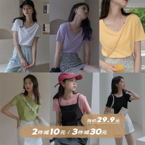 White v-neck short-sleeved T-shirt womens summer 2021 new round neck half sleeve green bottoming design solid color top