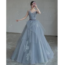 Banquet bandeau heavy industry small evening dress skirt temperament light luxury niche high-end host summer blue performance suit female