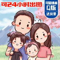 Cute painting style family portrait hand-painted avatar design hand-painted Q version live-action photo custom couple pet cartoon