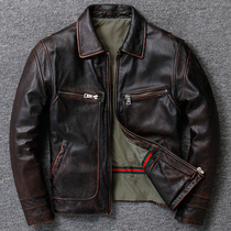 Autumn top layer thick cowhide casual leather leather jacket short mens lapel wear trim jacket business leather jacket