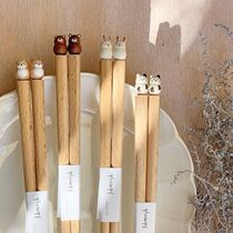  Two pieces of Japan imported handmade pointed wooden chopsticks rabbit cat Shiba Inu cute cartoon non-slip chopsticks fork spoon