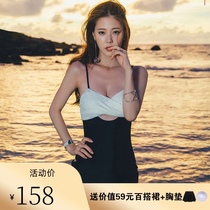 Swimsuit female Korean ins sexy one-piece belly covering belly thin bikini small chest gathering fairy fan conservative swimsuit