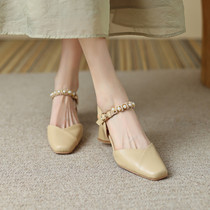2022 Spring Summer New Head Layer Bull Leather High Heel Shoes Coarse Heel Pearl Single Shoe Baotou Soft Bottom Handmade Genuine Leather Sandal Sandal