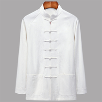 Spring and Autumn Middle-aged Elderly Long Sleeve White base shirt Linen Tang Dress Mens Shirt Grandpa Plus Size Top Dad Dress