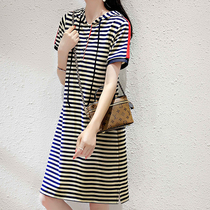  Striped t-shirt womens short-sleeved 2021 new sports high street casual loose thin round neck pullover hooded dress