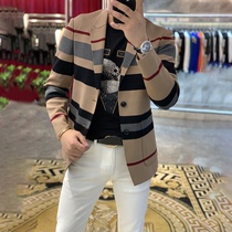 European station fashion knitted elastic small suit Casual suit mens coat spring plaid convenient Western mens Korean version of the trend