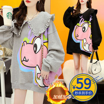 Pregnant baby collar sweater winter plus velvet padded top female long cartoon small dinosaur large size ins sweater