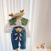 2021 autumn new girl Korean fashion lapel collar white shirt cute bear strap jeans two-piece set