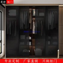 Steel-made transparent glass door custom wardrobe Push Ramen tea Color closet cabinet door Extremely Narrow Frame Black Moving Door Sliding Door