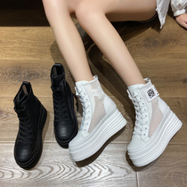 Real Leather Inner Heightening Woman Shoes Thick Bottom Mesh Shoes Hollowed-out Breathable Pine Pastry Base Fashion Casual Spring Summer New Tennis Boots Cool Boots