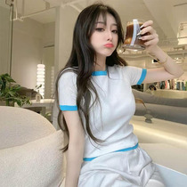 Xiaoxiang wind slim thin sweater womens summer 2021 new foreign style wild contrast color striped short-sleeved top tide
