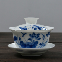 Blue and white porcelain cover bowl tea cup large tea preparation ceramic kung fu tea set three cup tea maker serving tea bowl hand grab teapot
