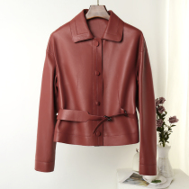 ALLFUR simple four-color autumn new casual loose lace-up waist retro leather short coat leather women