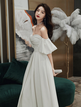 White evening dress women 2021 new banquet temperament socialite long section can usually wear birthday one-shoulder dress