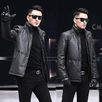 First layer cowhide leather down jacket stand-up collar short Haining casual jacket jacket plus velvet thickened genuine leather mens