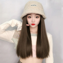 Wig women long hair wig hat one fashion simulation human hair silk autumn and winter full headgear natural long straight hair