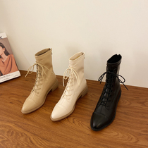 Pointed lace-up Martin boots 2021 new womens boots niche white thick heel short boots Spring and autumn slim boots single boots