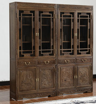Promotional Mahogany furniture Chicken wing wood bookcase Chinese solid wood antique cabinet Ming and Qing classical glass locker with door