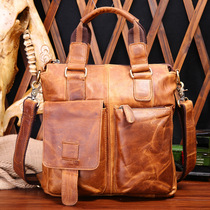 Mens vintage first layer cowhide leather Hand bag leather shoulder bag Crazy Horse Leather Mens Bag Shoulder Bag Vertical Cross Bag Soft