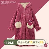 Pajamas female winter coral velvet flannel cute strawberry bear long robe can be worn in winter 2021 New
