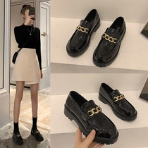 Small leather shoes female English style 2021 New thick soled lofford shoes autumn soft leather black flat vintage spring and autumn single shoes