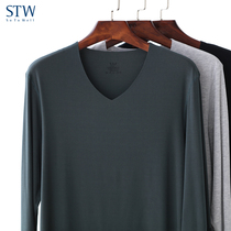 Mens Modale autumn clothes V collar lingerie cotton sweatshirt single piece No-mark close-fitting bottom warm blouse skintight slim fit