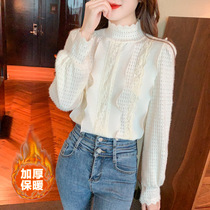 Design sense stand collar long sleeve lace base shirt Women autumn winter clothing 2021 New plus velvet pullover solid color warm top