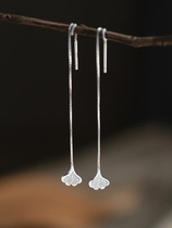 s990 sterling silver ear thread ginkgo leaves retro literary fresh long tassel earrings female Chinese style earrings