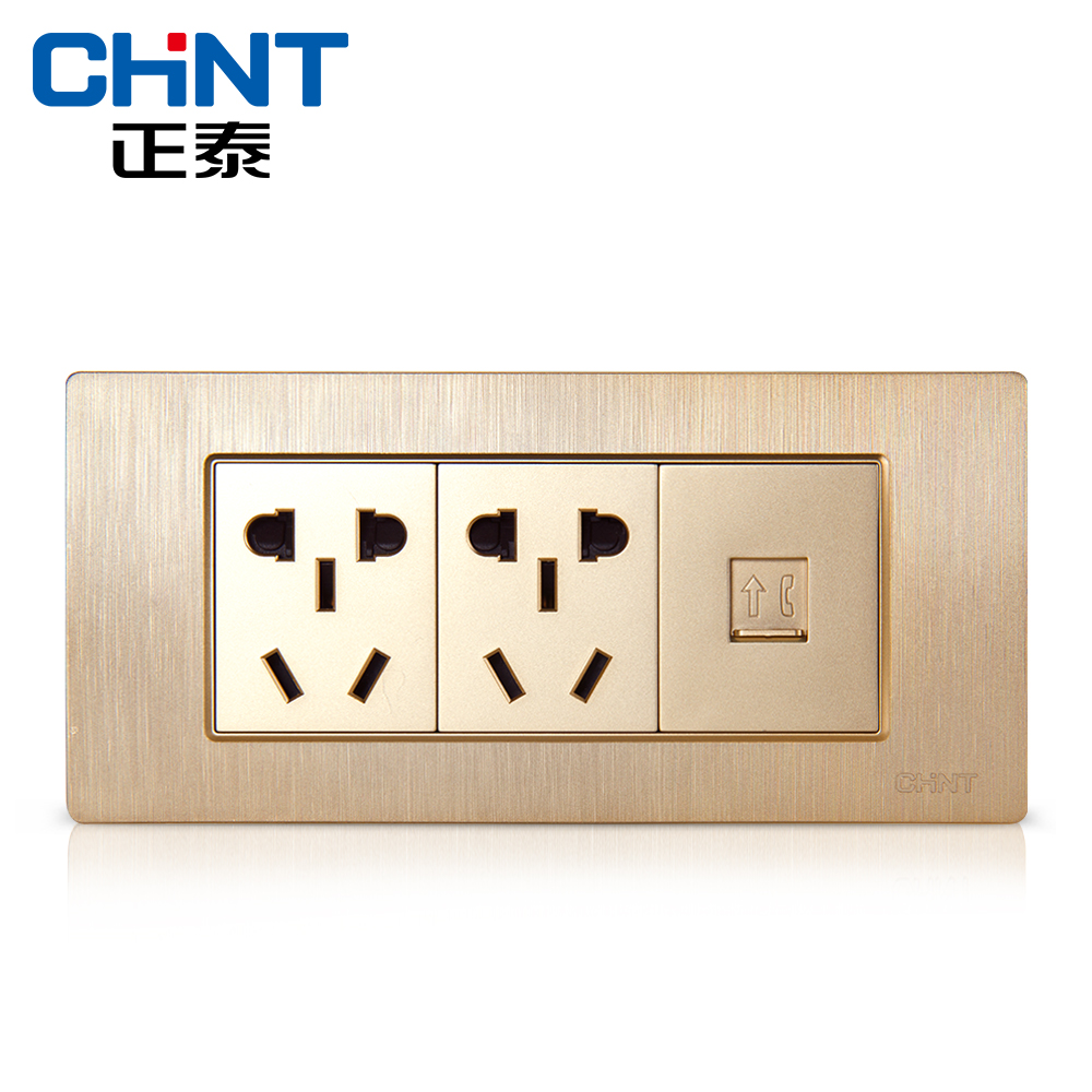 New Zhengtai Electrical 118 Switch Socket NEW5D Wire Drawing Gold Embedded Steel Frame Three-two-socket Telephone Socket