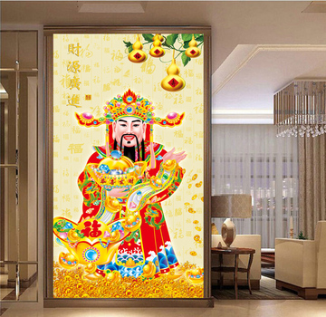 钻石画魔方圆钻新款客厅十字绣玄关竖版财神爷财源广进方钻满钻绣