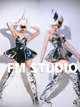 FMSTUDIO nightclub gogo Future Technology Star Warrior Silver Patent Leather Dress Party ds New Set
