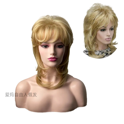 taobao agent High -temperature silk fluffy micro -roll mid -length hair European and American hot girl blonde girl wig hoods