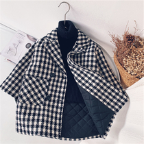 Korean boy plaid jacket autumn and winter plus cotton thickened woolen coat foreign style long woolen small child coat