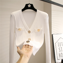 Ice silk knitted cardigan coat womens thin 2021 early autumn fashion temperament V collar foreign style slim top