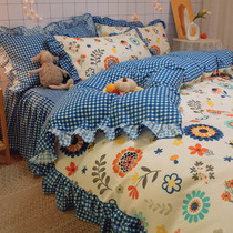 Pastoral style Sunflower Cotton Bed Skirt Four Piece Set Princess Cotton Sheet quilt cover Korean ins Three Piece Set 4