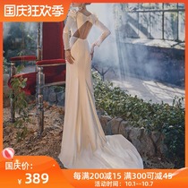 Long sleeve French light wedding dress 2021 new simple bride backless sexy waist satin welcome yarn dress tailing