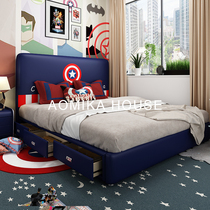 Childrens bed Boy bed solid wood bed Modern net red single bed 1 2 meters 1 5 meters Teen Captain America leather bed