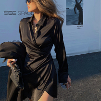 Itachi is also a high-end French niche black dress feminine sense waist thin satin shirt skirt