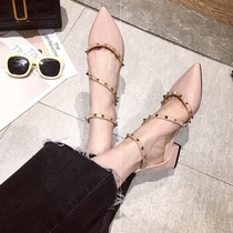 Hollow word buckle belt sandals female Korean version of 2021 spring and summer new fashion rivets shallow mouth pointed thick heel shoes