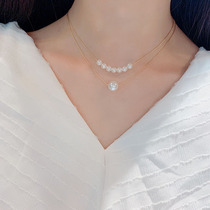  Korean pearl necklace fashion female summer sterling silver high-end light luxury niche design sense double pendant clavicle chain